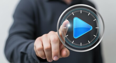 Human finger pressing a Play button hovering in the air, media, entertainment, and technology concept