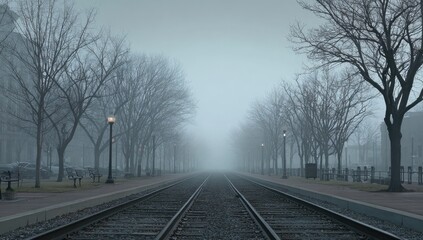 Fototapeta premium Foggy, empty train tracks lined with bare trees