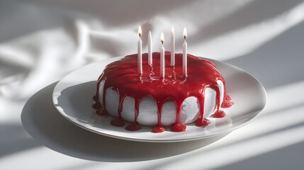 Round cake with dripping red icing and lit candles.