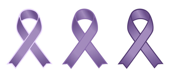 Set of three lavander color awareness ribbons representing general cancer awareness, epilepsy, 	craniosynostosis and Rett syndrome campaigns and events, flat vector on transparent background
