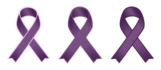 Set of three purple awareness ribbons representing pancreatic cancer, Alzheimer's and other deceasese awareness campaigns and events, flat vector on transparent background
