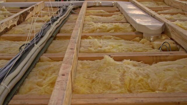 A close-up shot shows yellow fiberglass thermal insulation laid between wooden floor joists, with electrical wiring and ventilation ducts installed at a new home construction site.
