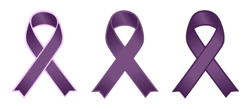 Set of three purple awareness ribbons representing pancreatic cancer, Alzheimer's and other deceasese awareness campaigns and events, flat vector on transparent background