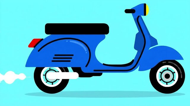 Dynamic Blue Retro Scooter Rides, Flat Design Animation with Exhaust