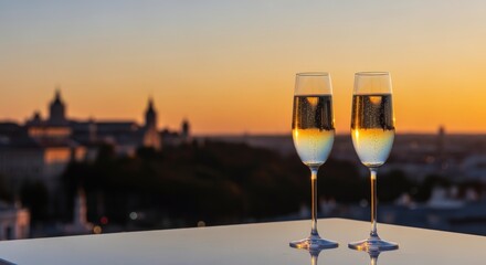 Two Champagne Glasses Toasting at Sunset Over City Skyline Celebration with Romantic Golden Hour