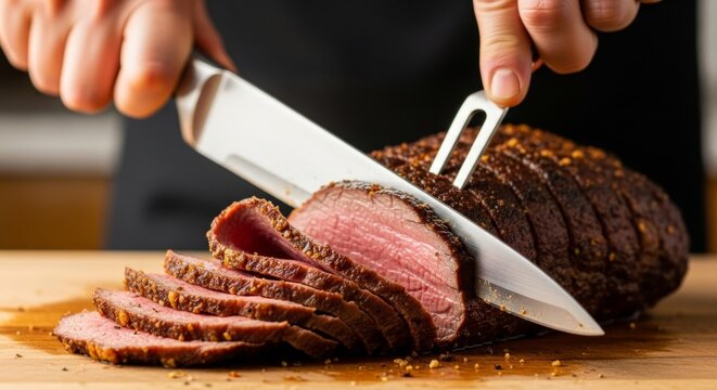 Professional chef carving a juicy medium-rare roast beef tenderloin with a fork and knife on a wooden cutting board for a holiday dinner