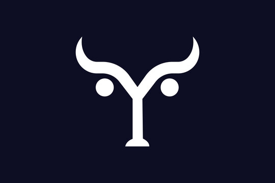 Abstract Letter Y with Bull Head Logo: Minimalist White Icon on Dark Blue Background.