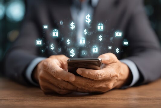 A person using a mobile device to manage finances, with digital dollar signs and security locks representing online banking.