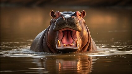Fototapeta premium Aggressive hippopotamus opens wide mouth in water