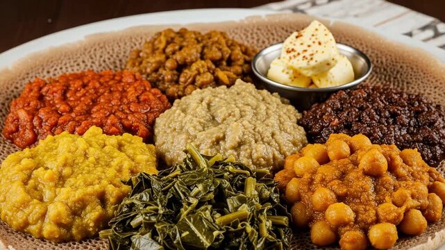 Traditional Ethiopian vegetarian combination platter, Beyaynetu. Assortment of colorful stews and vegetables served on injera bread.