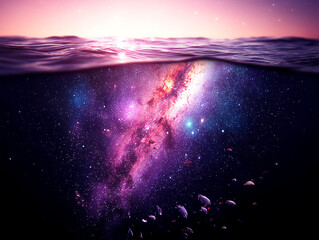 Surreal underwater scene blending ocean waves with a vibrant galaxy, creating a dreamlike atmosphere
