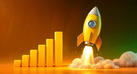 3D Cartoon Rocket Launch with Ascending Bar Graph &ndash; Symbol of Growth and Success