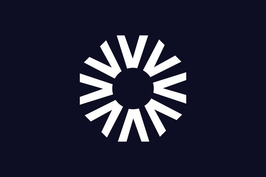 Abstract Modern Sunburst Logo Design: Initial letter V logo concept, Minimalist White on Navy Blue Background