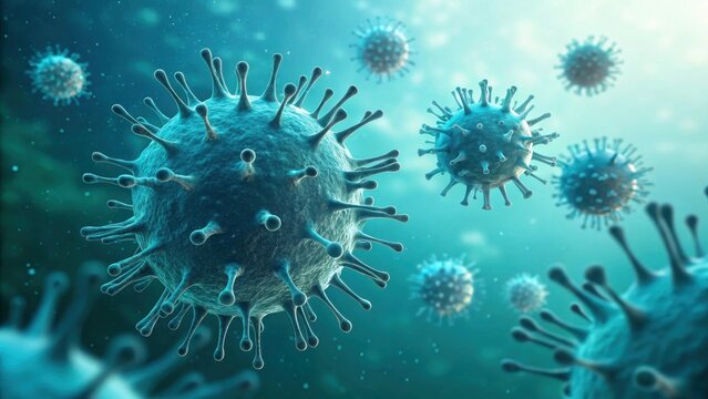 A microscopic view of virus cells floating in a blue liquid environment