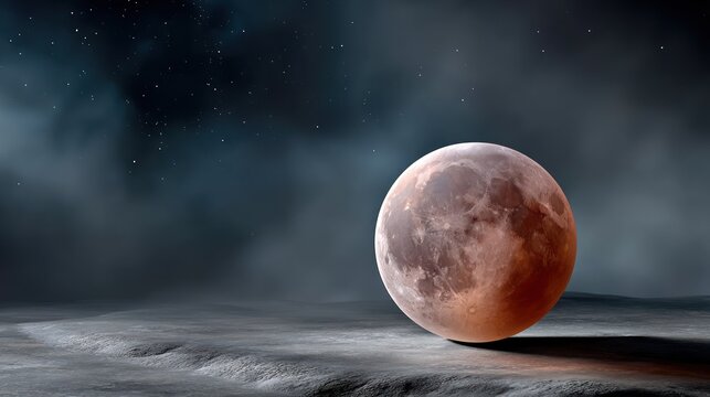 A reddish-orange lunar eclipse dominates a dark, starry sky. The moon rests on a textured, gray surface. Hazy clouds swirl