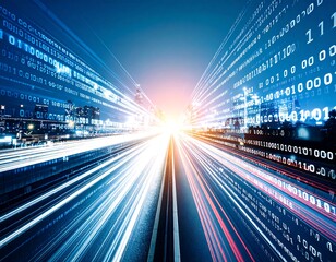 Light trails of speeding vehicles converge on a bright horizon, overlaid with binary code