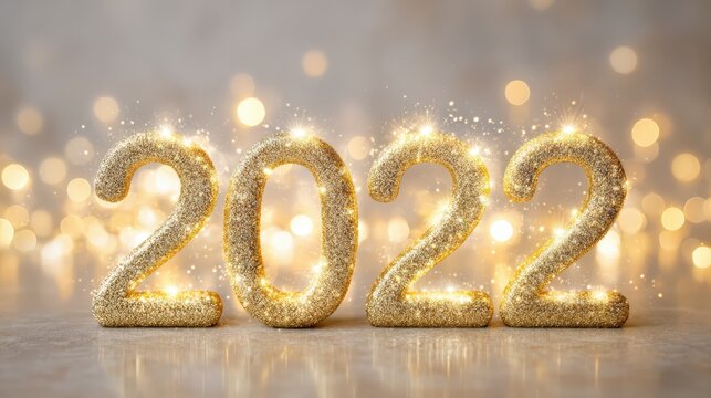 Golden 2022 numbers sparkling with light on a soft background, symbolizing the New Year festivities and celebrations