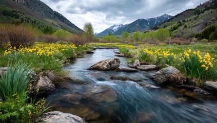 Mountain stream flows through wildflowers (1)