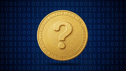 Golden coin with question mark symbol on digital binary code background
