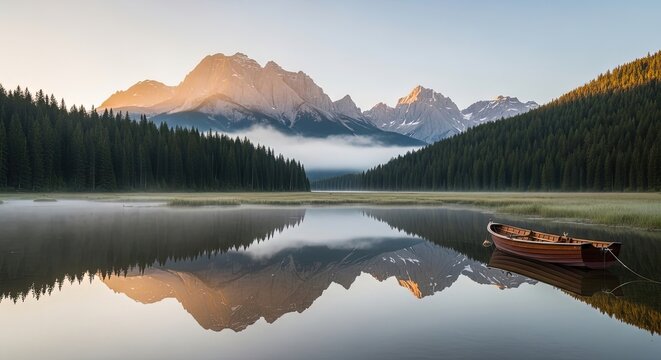Solitary Boat on a Misty Alpine Lake Reflecting Golden Sunrise Peaks