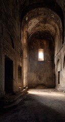 Fototapeta premium Interior of a crumbling church. Sunlight streams through a small window, illuminating a dusty, arched hallway