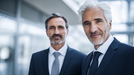 Fototapeta premium Two professional men in suits stand confidently in a corporate office with glass walls,