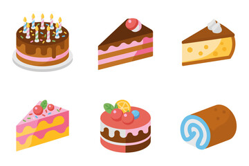 Birthday cake and slice icons, dessert vector, sweet treat illustration, bakery pastry collection, celebration cake design