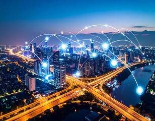 Night cityscape with illuminated roads and digital network overlay