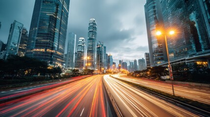 Fototapeta premium Urban Cityscape at Night with Light Trails from Traffic and Illuminated Skyscrapers
