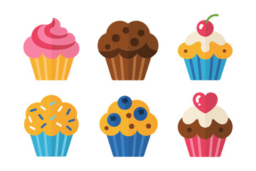 Assorted cupcake icons, muffin and dessert vector, bakery treat illustration, sweet snack collection, colorful cupcake design