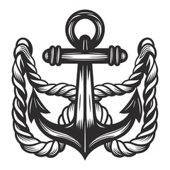 Monochrome nautical emblem with stylized anchor and waves inside circular rope border for maritime clubs, marine businesses, sailing schools or nautical graphic design projects