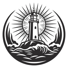 Naklejka premium Monochrome lighthouse on rocky outcrop in stormy sea with light beams, suitable for marine navigation, guidance, and resilience themed vector projects