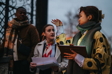 Multiracial colleagues engaged in a collaborative discussion outdoors, holding documents, with a sense of teamwork and interaction.