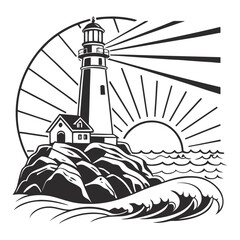 Round vintage monochrome emblem with lighthouse on rocky island, light beams guiding ships through stormy sea, suitable for marine navigation and safety designs