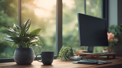 Fototapeta premium A tranquil workspace by a window, filled with plants and a computer.