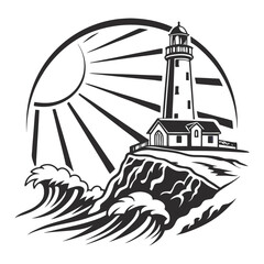 Monochrome lighthouse on rocky outcrop in stormy sea with light beams, suitable for marine navigation, guidance, and resilience themed vector projects