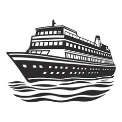 Obraz premium Monochrome large cruise ship sailing through ocean waves, suitable for nautical logo, maritime travel branding, luxury cruise promotion, and coastal tourism marketing