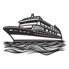 Obraz premium Monochrome large cruise ship sailing through ocean waves, suitable for nautical logo, maritime travel branding, luxury cruise promotion, and coastal tourism marketing