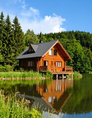 Fototapeta premium Lakeside log cabin nestled amongst lush greenery, reflecting peacefully in the still water