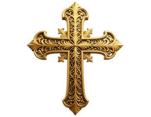 Ornate Gold Decorative Cross with Intricate Filigree Design PNG Transparent