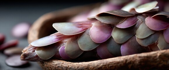Close-up of iridescent, overlapping scales in a rustic bowl, reminiscent of a mythical creature or natural wonder