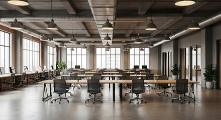 Modern loft-style coworking space featuring rows of desks and natural light through large windows
