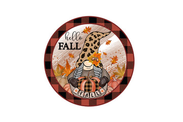 Hello Fall Plaid Round Sign - Gnome and Leaves Illustration Sublimation Design	