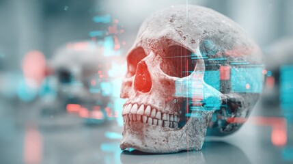 Skull with Digital Interface Overlay: Concept of Mortality, Data Analysis, and Digital Risk with Abstract Visuals