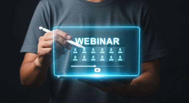 Man Interacting with Webinar Interface on Transparent Display for Online Education and Business Presentations