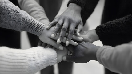 Black and white photo of hands joined in solidarity. Symbol of equality, antiracism, support and shared struggle.