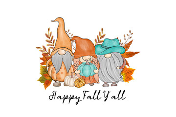 Happy Fall Y’all - Cute Gnomes with Pumpkins and Fall Leaves Sublimation Design	