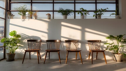 Obraz premium Wooden chairs and plants in a sunlit room.