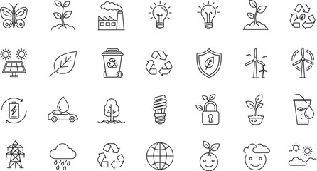 Eco friendly line icons, renewable energy symbols, recycling signs, solar panel illustration, wind turbine, electric car, nature conservation, green environment