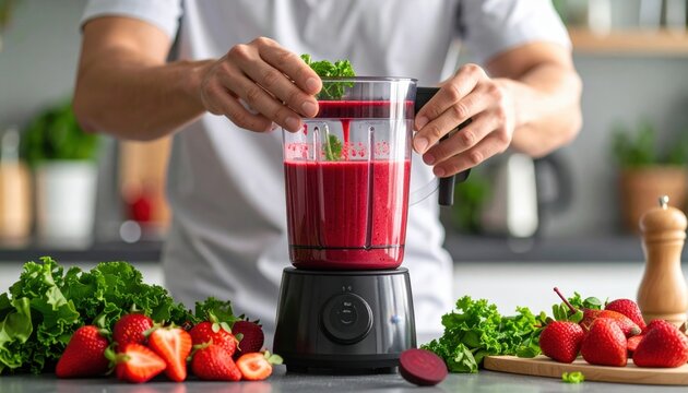 Person Preparing Red Smoothie With Blender In Modern Kitchen - Powered by Adobe